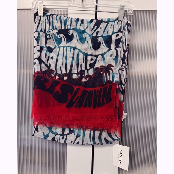 NWT Lanvin 100% Wool Logo Print Scarf Palm Trees Tropical Blue Red - Picture 4 of 12
